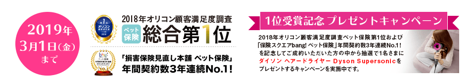 2018年オリコン顧客満足度調査 ペット保険 第1位受賞記念 プレゼントキャンペーン実施中!