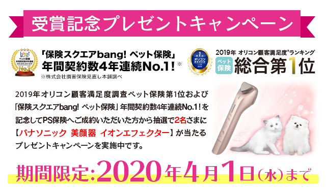 2019年 オリコン顧客満足度® ランキング ペット保険 第1位受賞記念 プレゼントキャンペーン実施中!