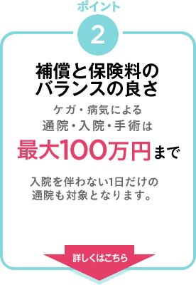 ポイント2　補償と保険料のバランスの良さ　ケガ・病気による通院・入院・手術は最大100万円まで　入院を伴わない1日だけの通院も対象となります。　詳しくはこちら