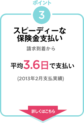 ポイント3　スピーディーな保険金支払い　請求到着から平均3.6日で支払い(2013年2月支払い実績)　詳しくはこちら