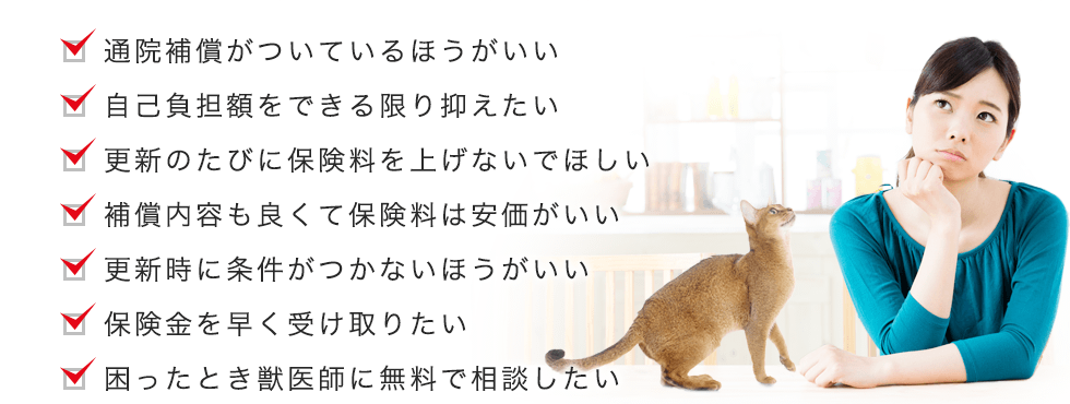 通院補償が付いているほうがいい 自己負担額をできるかぎり少なくしたい 更新するたびに保険料が上がらないほうがいい 補償内容が良くても保険料が高くないのがいい 更新時に条件がつかないほうがいい 保険金を早く受け取りたい