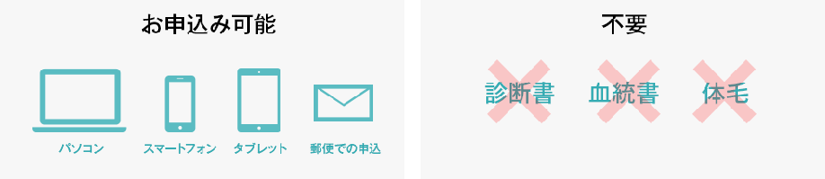 スマホやPCからお申込み可能。診断書や血統書などは原則不要